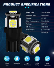 Alopee W5W 501 T10 194 White LED Bulbs 12V 5SMD 5050 Chips 7000K Replacement Bulbs For Map Dome Courtesy License Plate Dashboard Side Marker Light (20Pack)