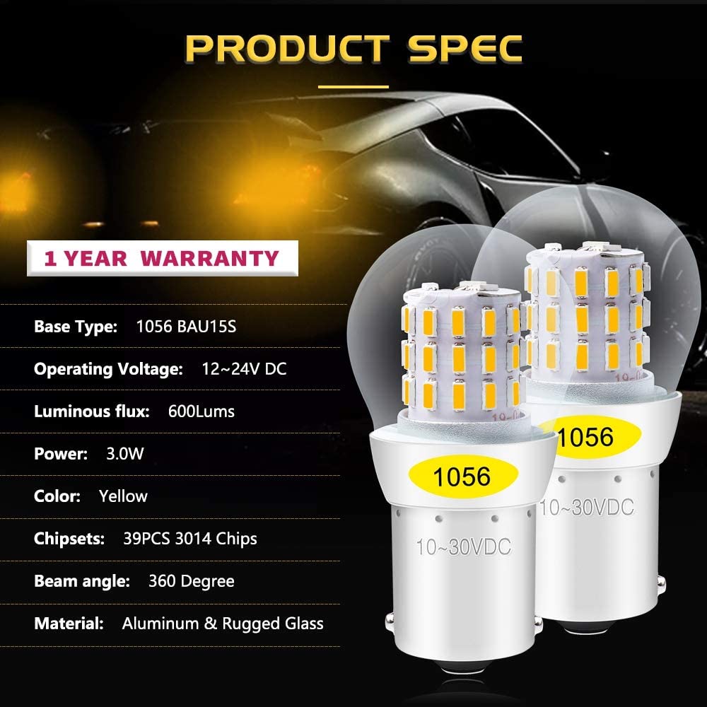 Alla Lighting 39-SMD High Power 2835 Chipsets Super Bright 7507 12496  BAU15S PY21W Amber Yellow LED Bulbs Lamps Replacement for Turn signal  Blinker