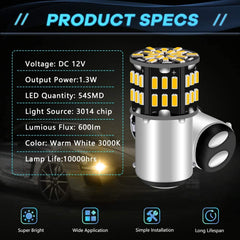 Confezione da 12 BA15D 1142 Luce LED bianca calda morbida 3000k 12V-DC, 3014 54 SMD Ricambio per auto per interni Illuminazione camper Luci indicatori di direzione Camper Lampadine di riserva