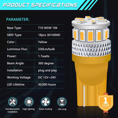 Pack de 4 T10 194 168 2825 Extrêmement Lumineux 240Lums Ambre/Jaune 5ème Génération Non Polarité Lumière LED 12V-24V - 18SMD 3014 Remplacement De Voiture Pour Carte Dôme Plaque D'immatriculation Tableau De Bord Feu De Position Latéral