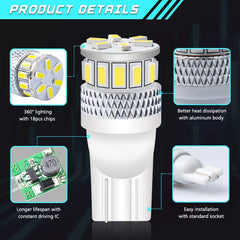 Pack de 4 T10 194 168 2825 Extrêmement Lumineux 300Lums Blanc 5ème Génération Non Polarité Lumière LED 12V-24V - 18SMD 3014 Remplacement De Voiture Pour Carte Dôme Plaque D'immatriculation Tableau De Bord Feu De Position Latéral