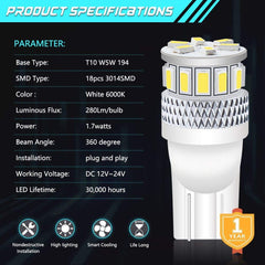 Pack de 4 T10 194 168 2825 Extrêmement Lumineux 300Lums Blanc 5ème Génération Non Polarité Lumière LED 12V-24V - 18SMD 3014 Remplacement De Voiture Pour Carte Dôme Plaque D'immatriculation Tableau De Bord Feu De Position Latéral