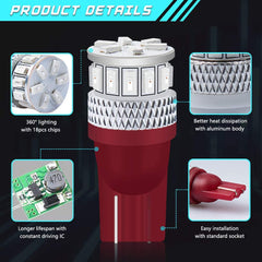 Pack de 4 T10 194 168 2825 Extrêmement lumineux 150Lums Rouge 5ème génération Non-polarité LED Lumière 12V-24V - 18SMD 3014 Remplacement de voiture pour carte Dôme Plaque d'immatriculation Tableau de bord Feu de position latéral Troisième feu stop