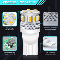 Pack de 4 T10 194 168 2825 Extrêmement Lumineux 300Lums Blanc Chaud 3000K 5ème Génération Non Polarité Lumière LED 12V-24V - 18SMD 3014 Remplacement De Voiture Pour Carte Dôme Plaque D'immatriculation Tableau De Bord Feu De Position Latéral
