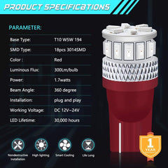 Pack de 4 T10 194 168 2825 Extrêmement lumineux 150Lums Rouge 5ème génération Non-polarité LED Lumière 12V-24V - 18SMD 3014 Remplacement de voiture pour carte Dôme Plaque d'immatriculation Tableau de bord Feu de position latéral Troisième feu stop