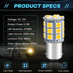 12-Pack BA15D 1142 Soft Warm White 3000k LED Light 12V-DC, 5050 27 SMD Car Replacement For Interior RV lighting Camper Turn Signal Light Lamps Tail BackUp Bulbs