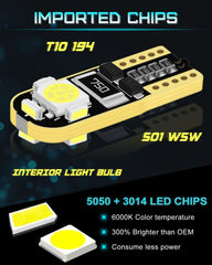 194 Bombilla LED Super Bright White 6000K, T10 Bombilla LED, 168 Bombilla LED, Sin error sin polaridad 921 2825 Bombilla LED para W5W 158501 Coche Domo Mapa Instrumento Luz de matrícula DC 12V, Paquete de 10