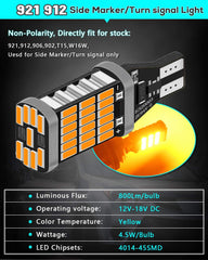 Paquete de 4 bombillas de luz de señal de giro LED ámbar / amarillo 912921 de alta potencia 4014 45-SMD Chipsets CANbus sin polaridad sin errores T15 906 W16W para luces intermitentes de marcador lateral 12V-18V DC
