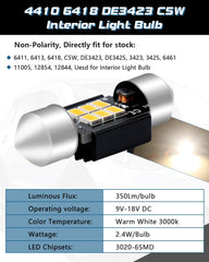 Paquet de 4 1.41 "36MM 6411 6418 C5W Blanc chaud 350 Lumens 3020 Chipset 6SMD Non-polarité Canbus sans erreur LED Festoon Ampoules pour éclairage intérieur de voiture Plaque d'immatriculation Dôme Carte Porte Courtoisie 3000K