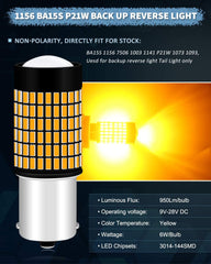 ALOPEE - 2-pack 1156 BA15S Blinkers för bil - 9V-30V bärnsten/gul Extremt ljusstark 950 lumen 3014 144 SMD LED med projektor - Ersättning 1141 1073 7506 1003 för bakblinker LED-lampa