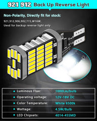 Paquete de 4 bombillas de luz de respaldo LED blancas 912921 mejoradas de alta potencia 4014 45-SMD sin polaridad CANbus sin errores T15 906 W16W para luces de marcha atrás de respaldo Montaje alto / tercera luz de freno 12V-18V DC