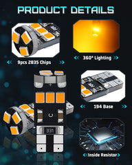 ALOPEE 4ST 194 LED-lampa bärnsten, T10 LED-lampa 9SMD 2835 Chips, 168 LED-lampa, 921 2825 LED-lampa W5W 158 501 LED-felfritt ljus för bilkupol Kartdörr Instrument Nummerskylt Ljusmarkeringsljus DC 12V