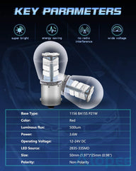 Paquete de 2 1156 BA15S 1141 1003 7506 1073 Luz LED roja extremadamente brillante 9-30 V-DC, 2835 33 SMD Bombillas de repuesto para luces de freno traseras