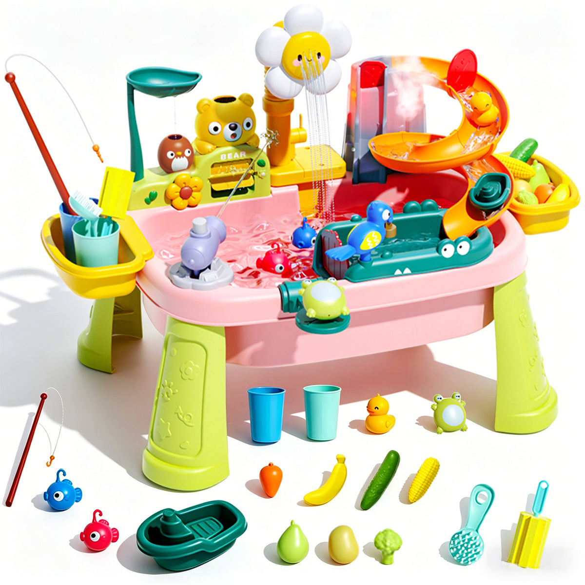 Upgraded Toddler Sand Water Table Toy with Electric Water Pump, Kids Sand Water with Faucet/Play Food Accessories/Fishing Toy, Kitchen Play Sink Toys for Girl Boy Age 3+