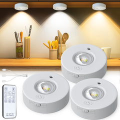 Alopee Under Cabinet Lights, Wireless LED Puck Lights Remote Control, Brightness Dimmable Battery Powered Timing Function Cupboard Kitchen Lights for Cabinet and Showcase 3 Pack