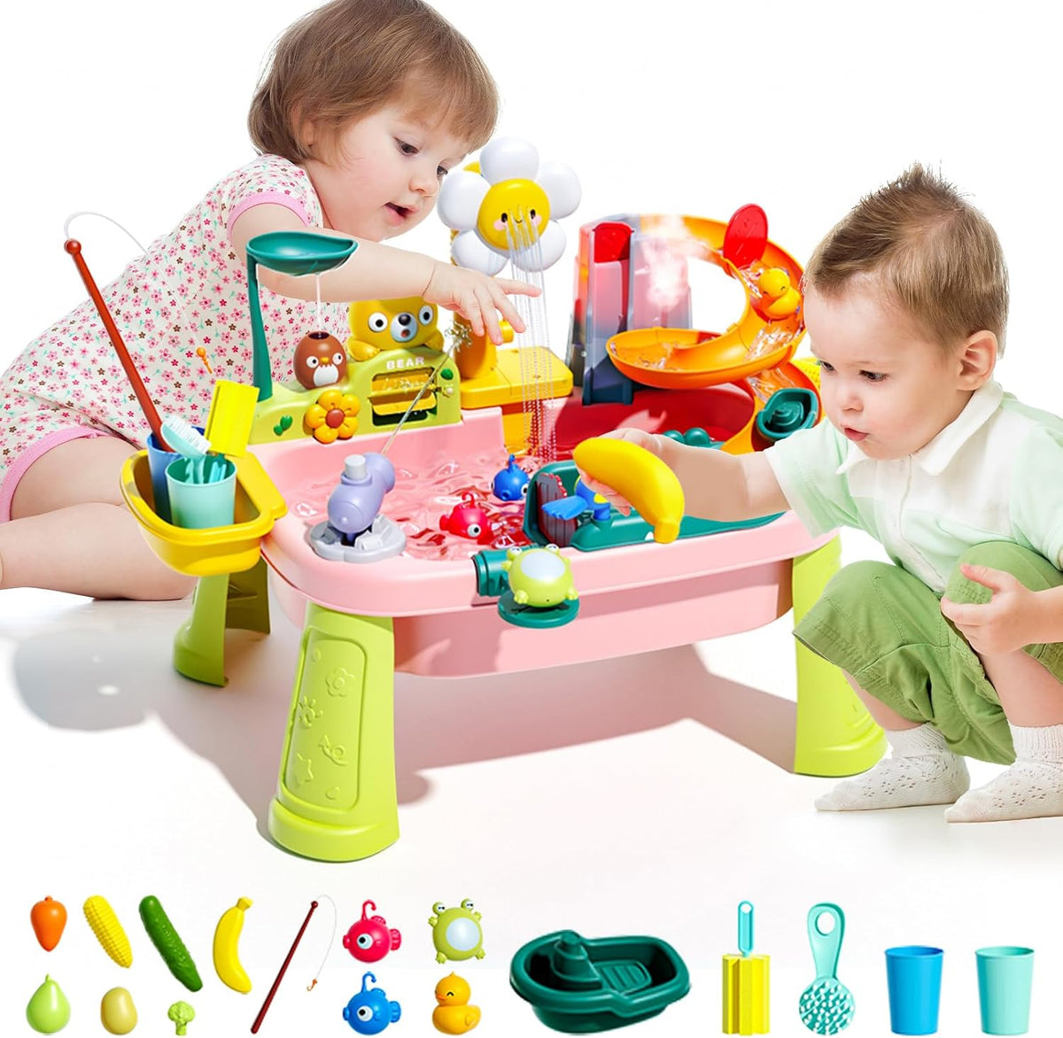 Upgraded Toddler Sand Water Table Toy with Electric Water Pump, Kids Sand Water with Faucet/Play Food Accessories/Fishing Toy, Kitchen Play Sink Toys for Girl Boy Age 3+