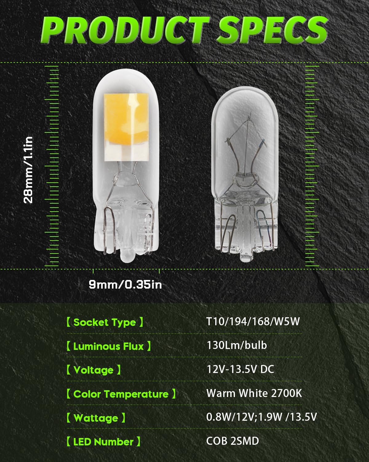 10-Pack T10 Ultra Bright White Warm White Sorgente luminosa COB Lampadine LED Sostituzione per 194 W5W 168 2825 501 Lampadina alogena Luci interne Lampadina targa