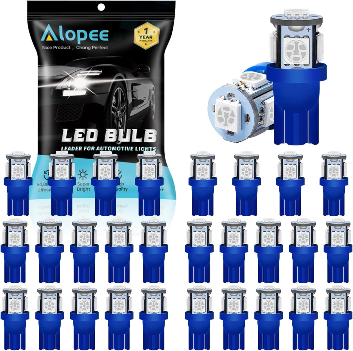 Alopee 30-pack 194 LED-lampa Vit 6500K, Wedge T10 LED-lampa 5SMD 5050 Chips, 168 LED-lampa, 921 2825 LED-lampa W5W 158 501 LED-lampor för bilinredning Kupolkarta Dörrljus 12V DC-skyltljus 