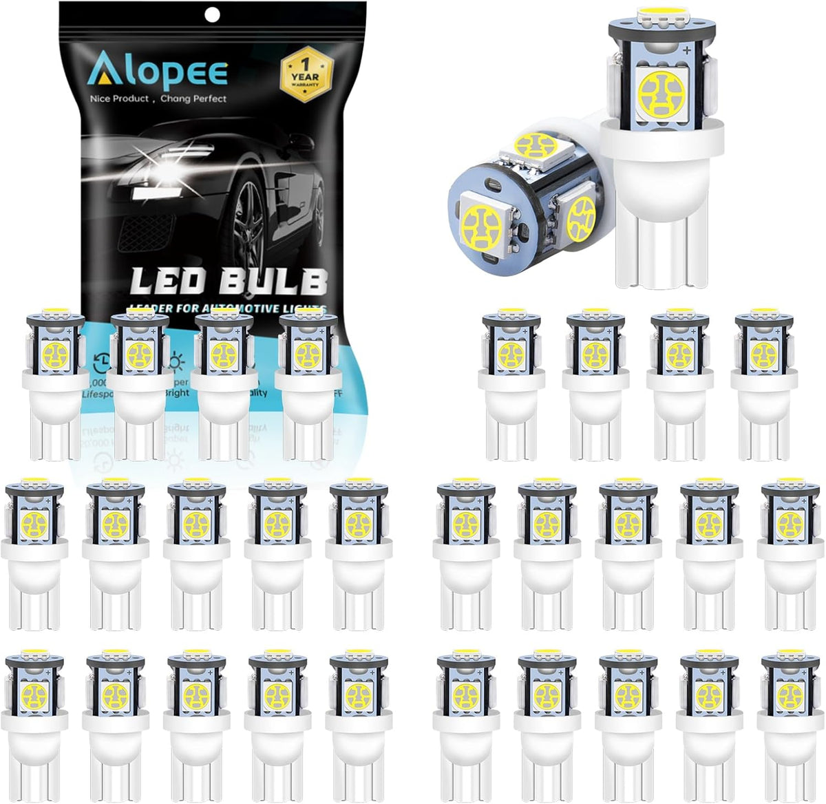 Alopee 194 LED Bulb T10 Wedge LED Bulb 5SMD 5050 Chips 168 LED Bulb 921 2825 LED Bulb 158 501 W5W Bulb led interior car lights Dome Light Map Door Light Trunk Light DC 12V Pack of 30