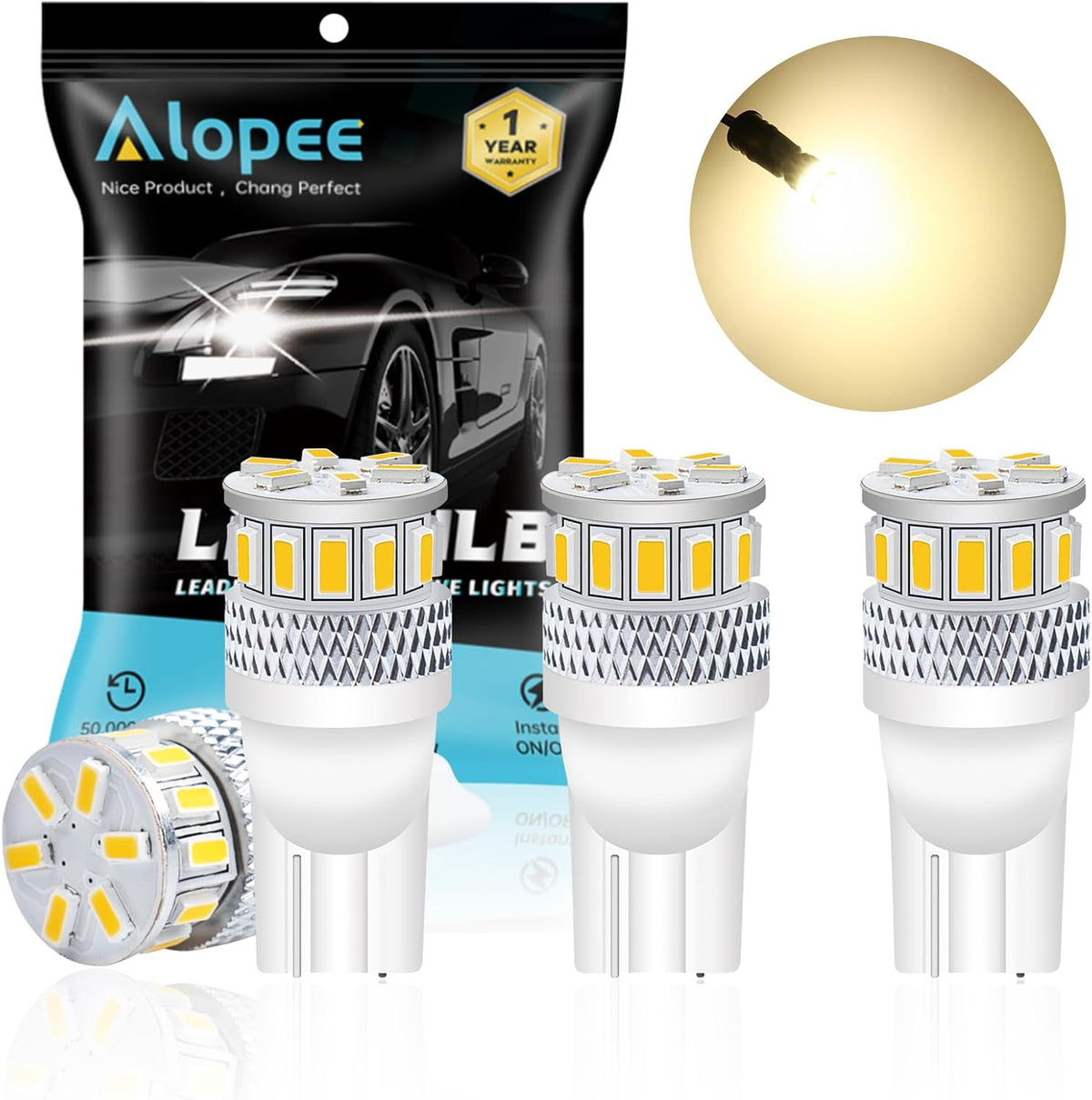 Alopee 194 LED Bulb, Soft Warm White 168 LED Bulb, 921 2825 LED for T10 W5W 175 501 Non Polarity Replacement for License Plate Light Map Dome Door Trunk Light 18SMD 3014 Chips, DC 12-24V, Pack of 4