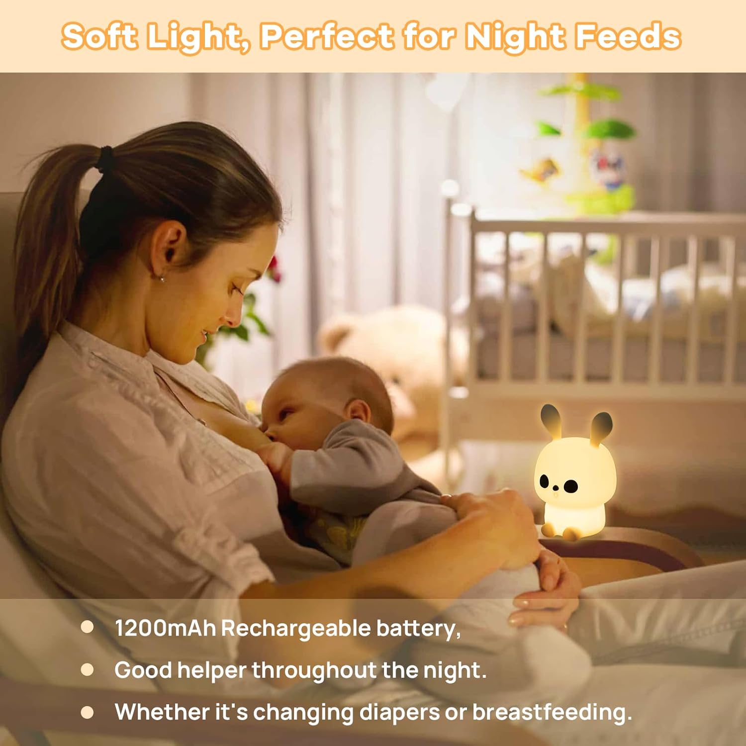 Alopee Cute Bunny Night Light Kids,7 Colour Breathing Light Modes LED Portable Baby Nights Lamp USB Rechargeable Dimmable Night Light for Children's Room Decor Birthday Cute Gifts