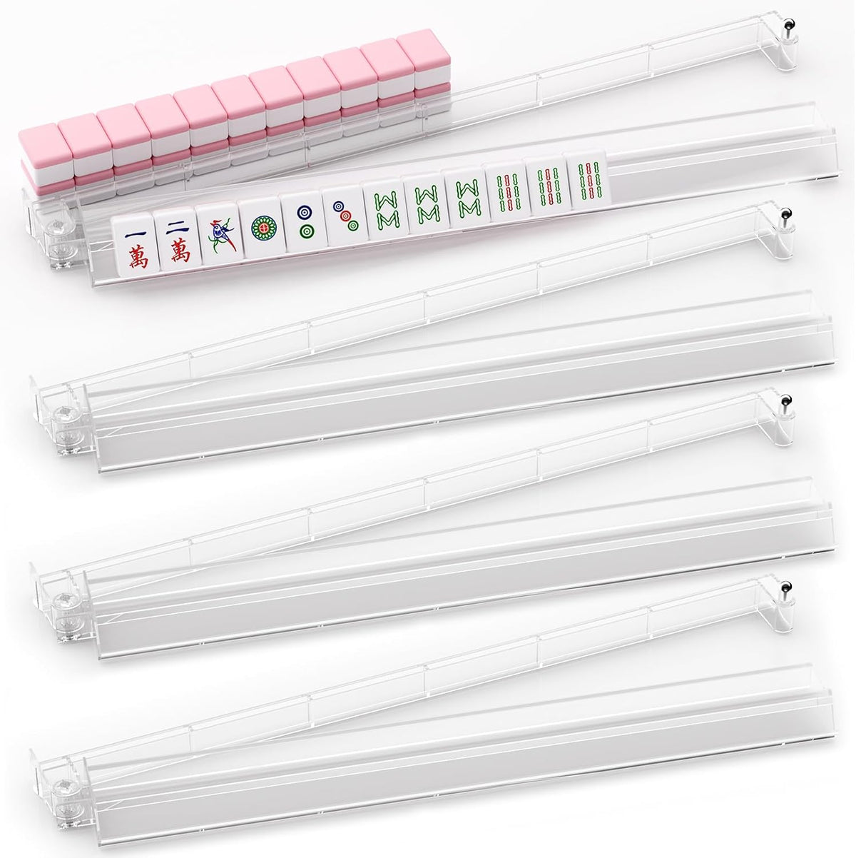 Mahjong Racks with Pushers Set of 4, All in One Acrylic Mahjong Pushers and Racks, Portable American Mahjong Accessories