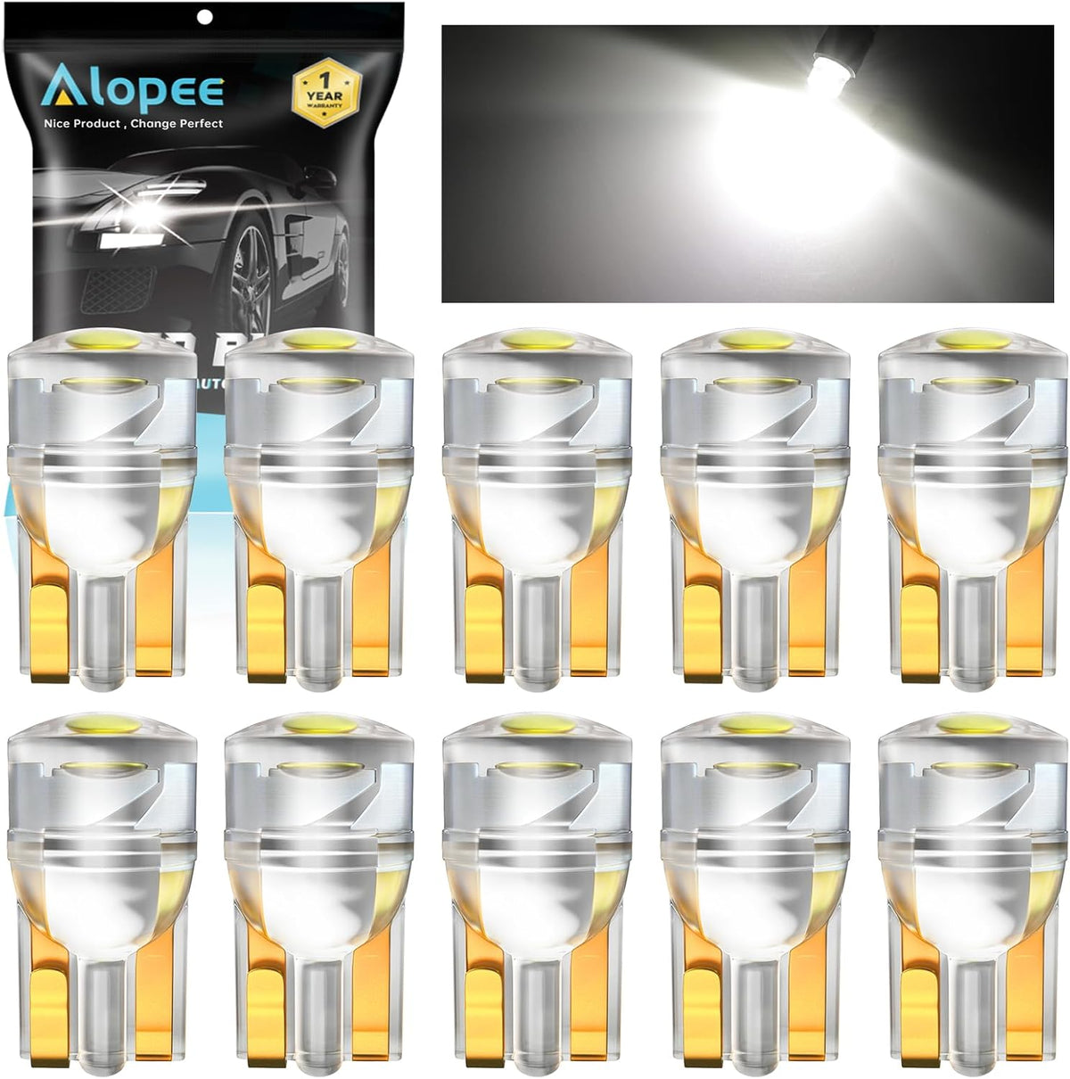 Alopee W5W 501 White LED Bulbs 12V 1COB Chips 194 T10 Replacement Bulbs For Map Dome Courtesy License Plate Dashboard Side Marker Light (10Pack)