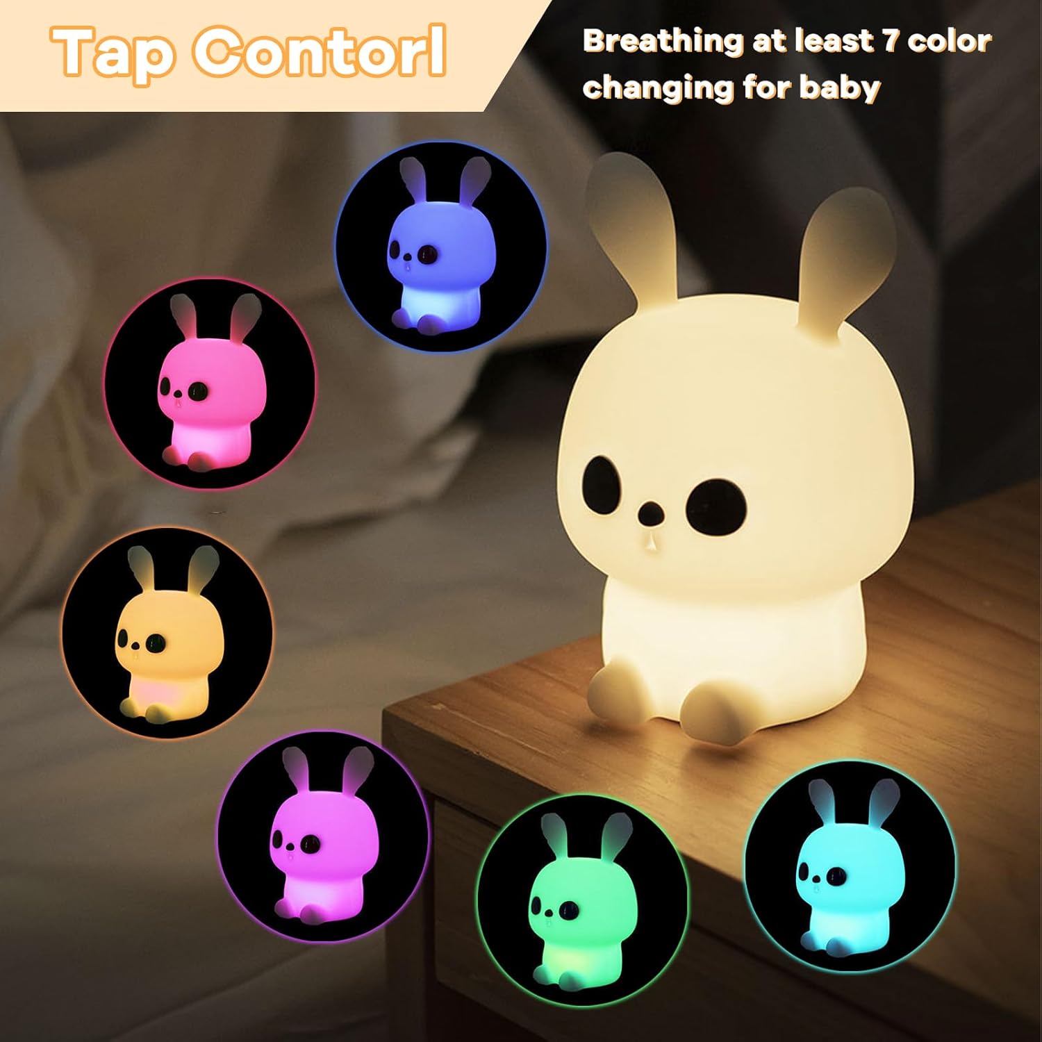 Alopee Cute Bunny Night Light Kids,7 Colour Breathing Light Modes LED Portable Baby Nights Lamp USB Rechargeable Dimmable Night Light for Children's Room Decor Birthday Cute Gifts