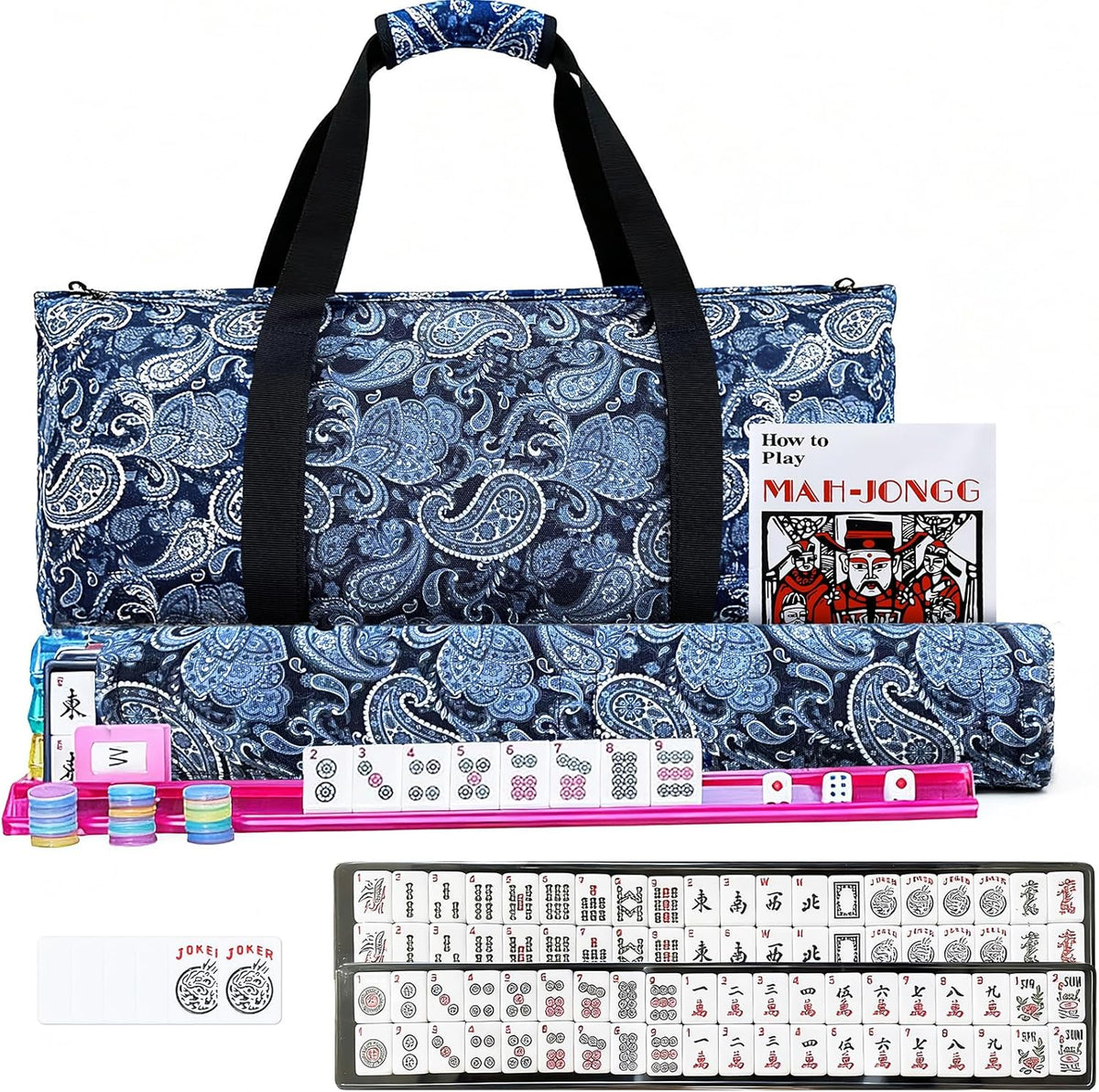 American Mahjong Tiles Set, 166 White Tiles, 4 Color Racks & Pushers, Complete Western Mahjong Set with Blue Carrying Bag for Beginners &