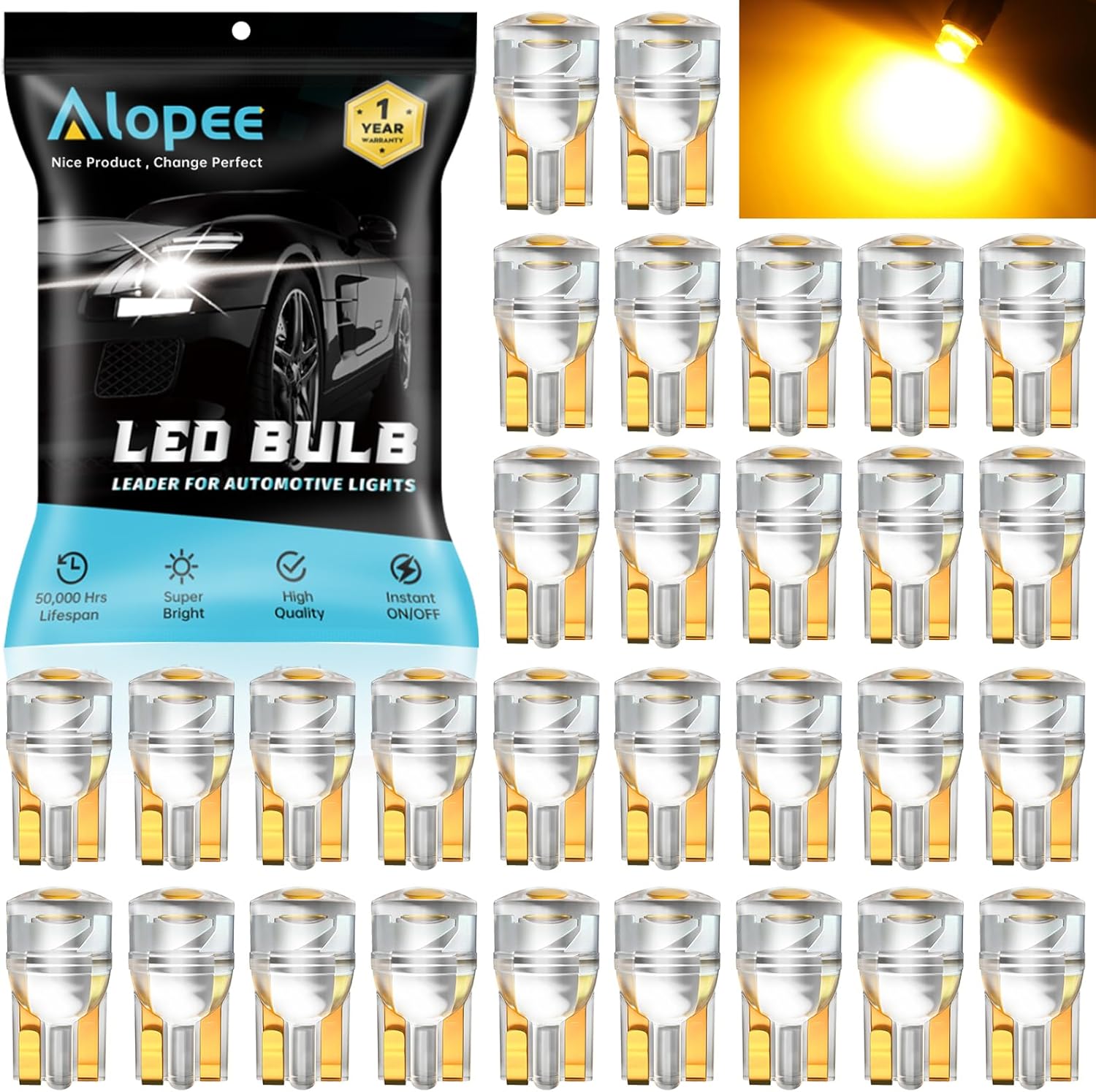 Alopee 30-Pack Mini 194 Led Light Bulb Acrylic T10 Wedge Led Light Bulb DC 12V Replacement Bulb for 194 168 T10 2825 W5W Car Instrument Panel Light License Plate Light Marker Light