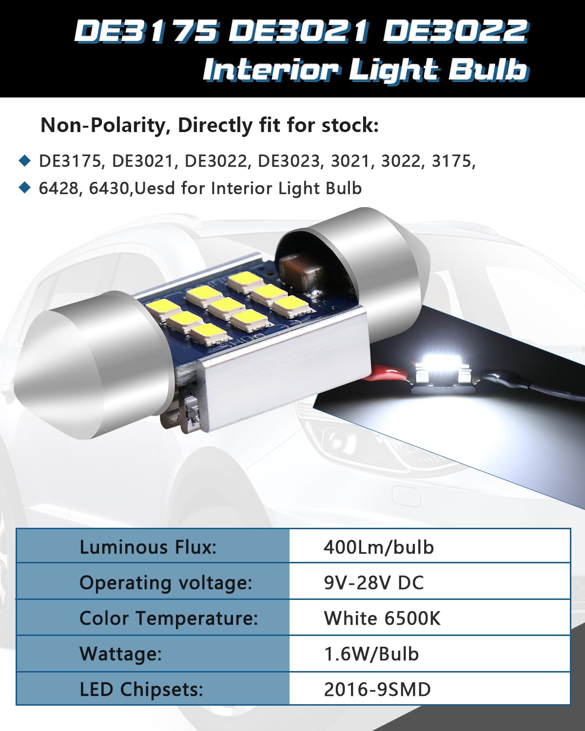 31mm DE3175 LED Festoon Bulbs, DE3022 DE3023 LED Bulbs,9-28V 2016 9SMD Warm White No Polarity Canbus Error Free Festoon Bulbs for Car Interior Dome Map Courtesy Trunk Light (6pack)