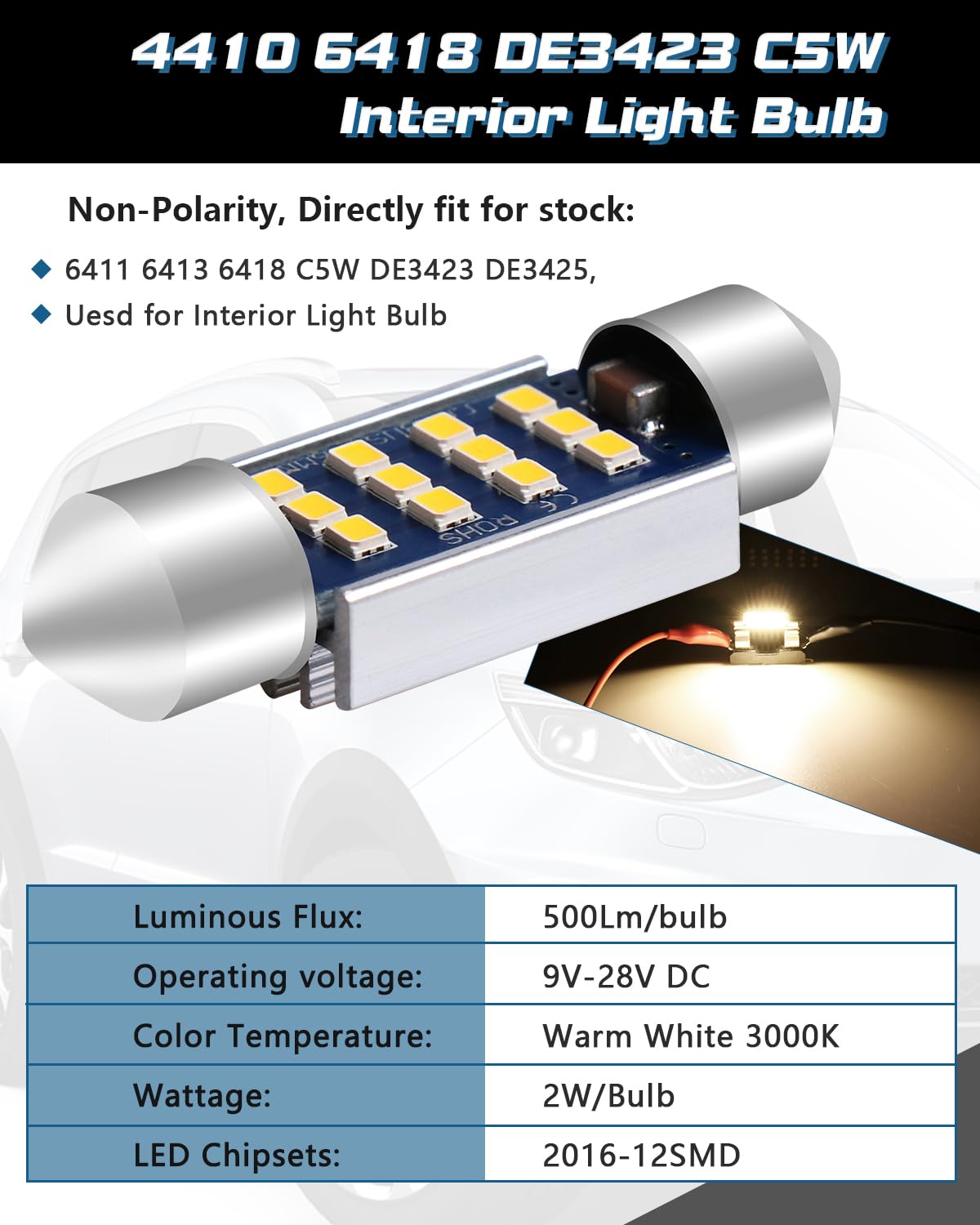 Alopee 36mm 6418 Festoon LED Car Bulb,6461C5W Bulbs 9-28V 2016 12SMD Xenon White No Polarity CANbus 4410 6418 DE3423 C5W Bulbs for Interior Car Lights Dome Reading Map Trunk Courtesy Light