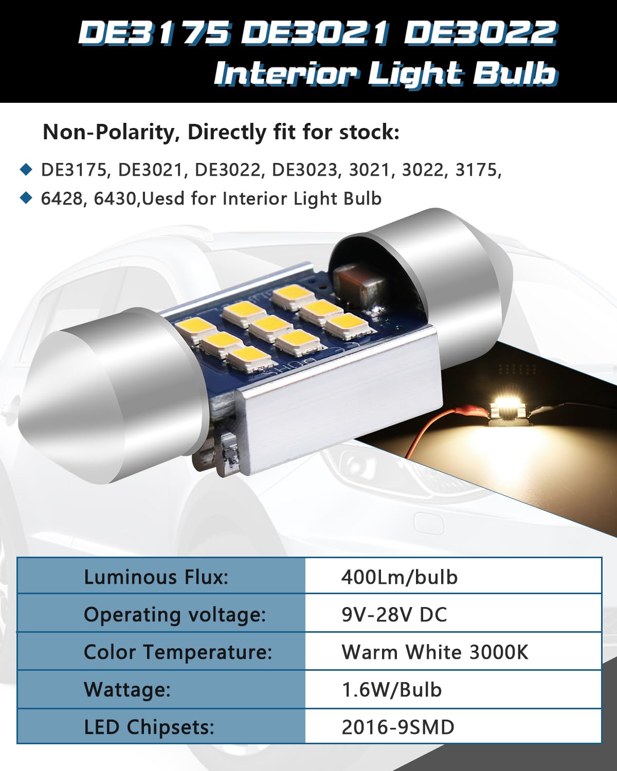 31mm DE3175 LED Festoon Bulbs, DE3022 DE3023 LED Bulbs,9-28V 2016 9SMD Warm White No Polarity Canbus Error Free Festoon Bulbs for Car Interior Dome Map Courtesy Trunk Light (6pack)