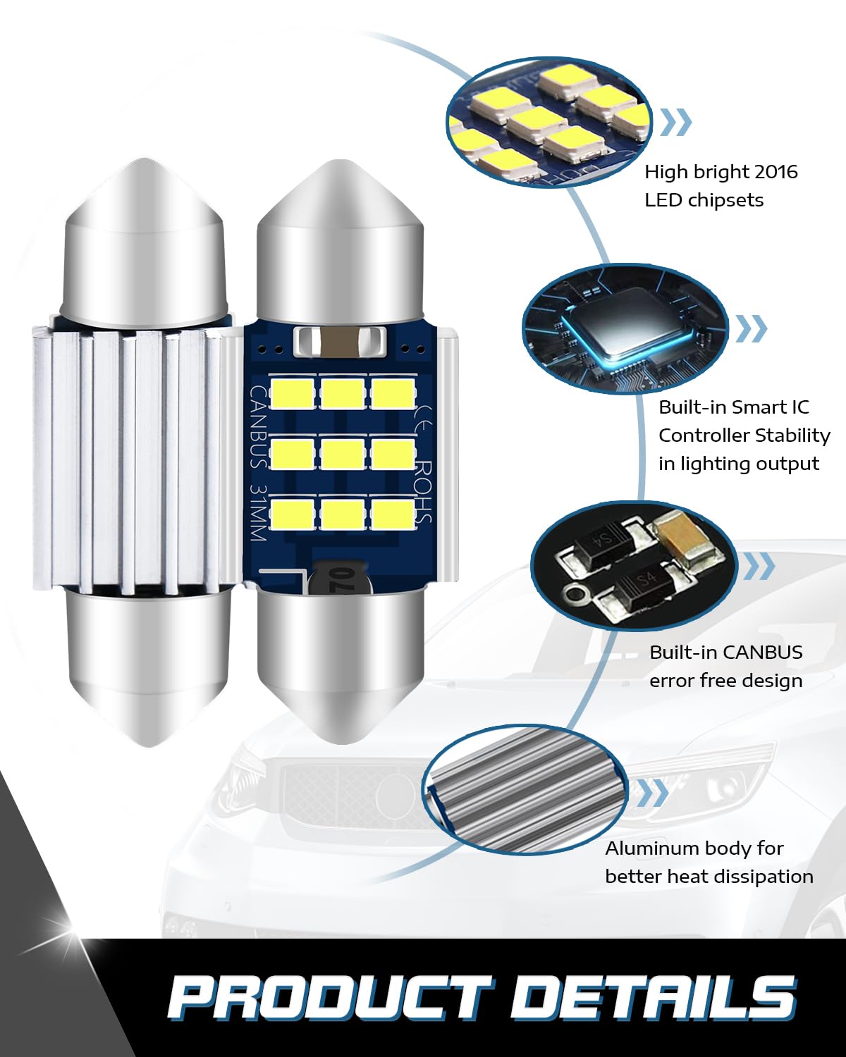 31mm DE3175 LED Festoon Bulbs, DE3022 DE3023 LED Bulbs,9-28V 2016 9SMD Warm White No Polarity Canbus Error Free Festoon Bulbs for Car Interior Dome Map Courtesy Trunk Light (6pack)