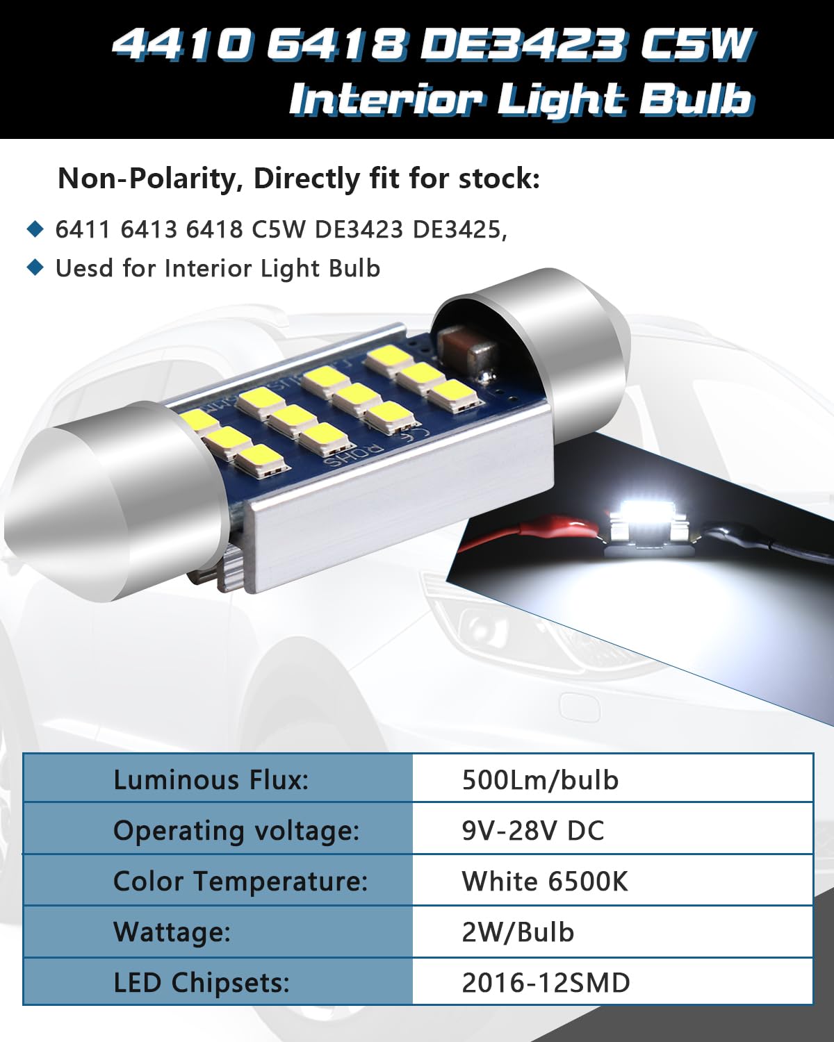 Alopee 36mm 6418 Festoon LED Car Bulb,6461C5W Bulbs 9-28V 2016 12SMD Xenon White No Polarity CANbus 4410 6418 DE3423 C5W Bulbs for Interior Car Lights Dome Reading Map Trunk Courtesy Light