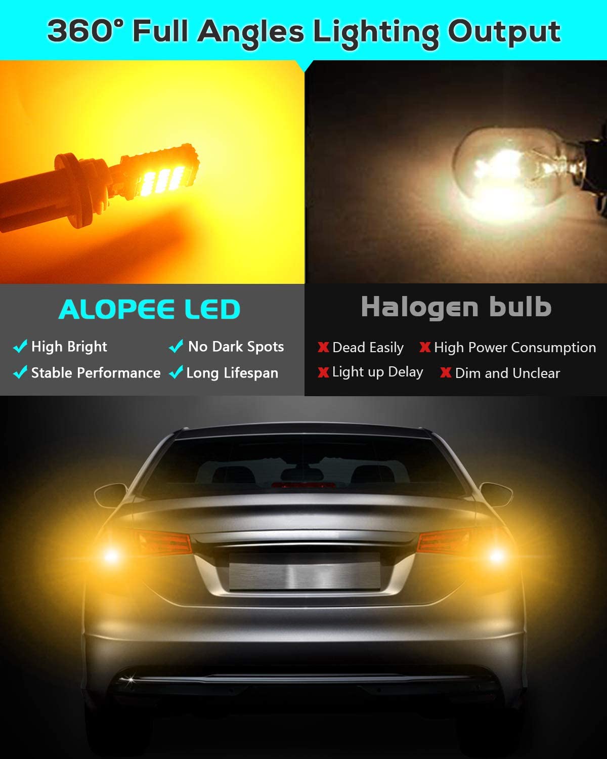 Alopee 921 LED Bulb Turn Signal Lights, Amber Yellow 912 921 Bulb Non Polarity Canbus Error Free for Car T15/902/904/906/579/W16W LED Blinker Marker Lights, 45SMD 4014 Chips , 12~18V DC, Pack of 4