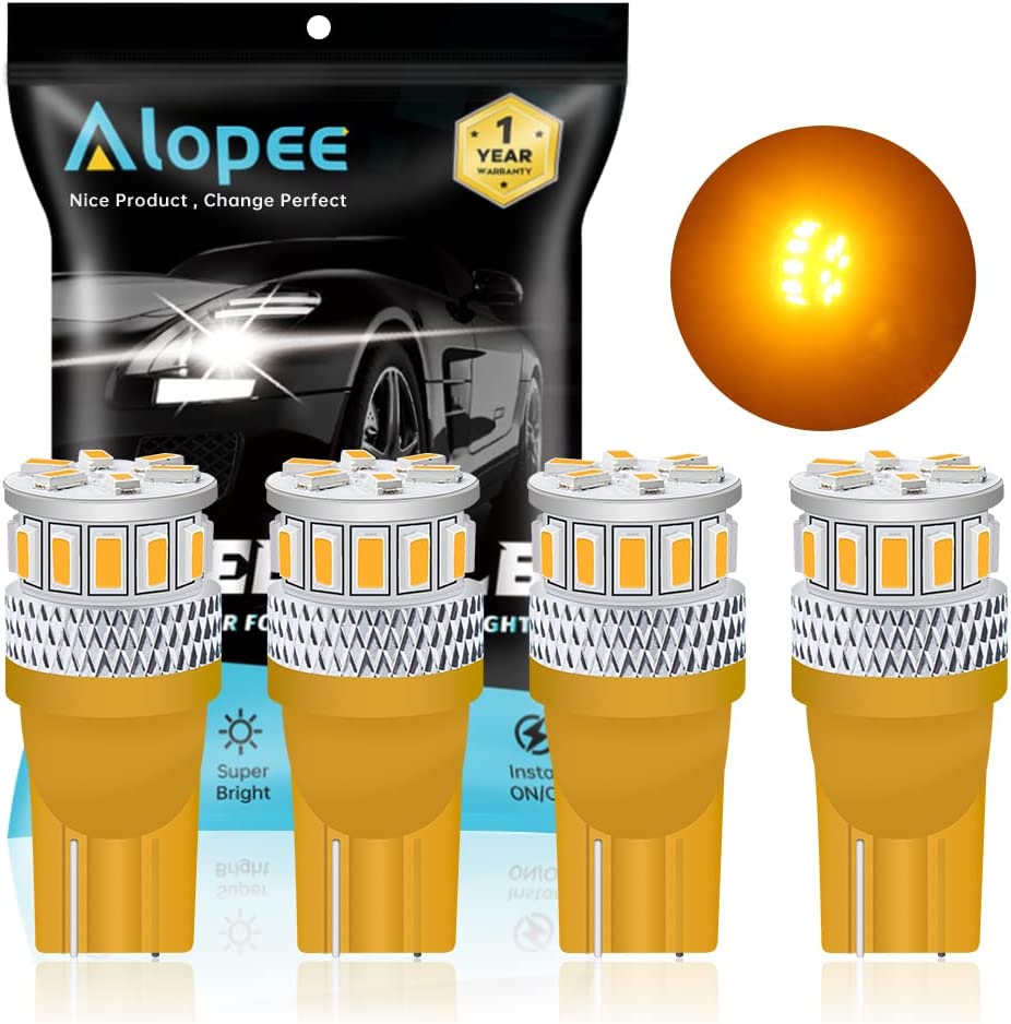 Alopee 194 LED Bulb, Amber Yellow 168 LED Bulb, 921 2825 LED for T10 W5W 175 501 Non Polarity Replacement for License Plate Light Tail Map Dome Door Trunk Light 18SMD 3014 Chips, DC 12-24V, Pack of 4