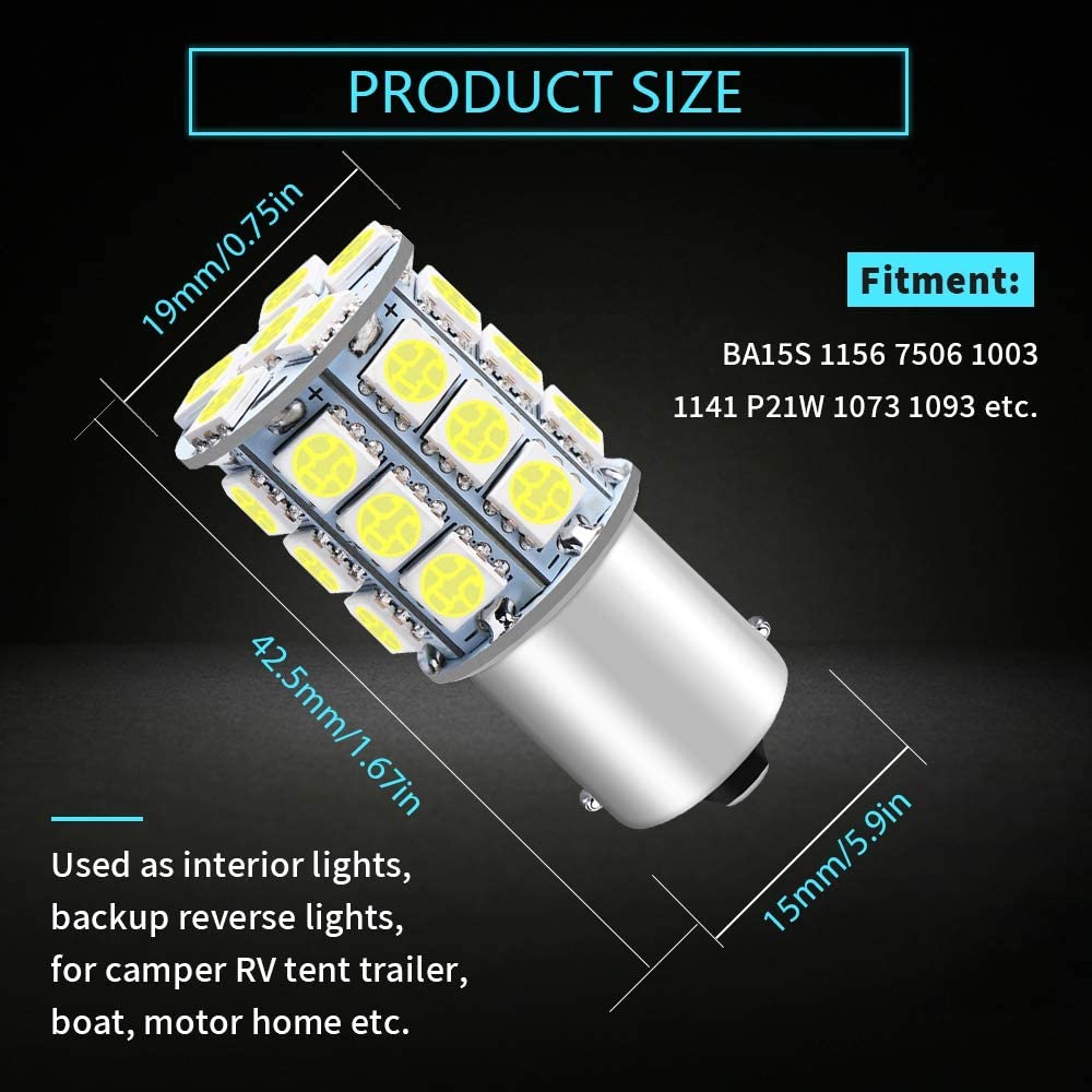 Confezione da 12 1156 BA15S 7506 1141 1003 1073 Luce LED bianca 12V-DC, 5050 27 SMD Ricambio per auto per interni RV Camper Illuminazione Luci indicatori di direzione Lampadine posteriori