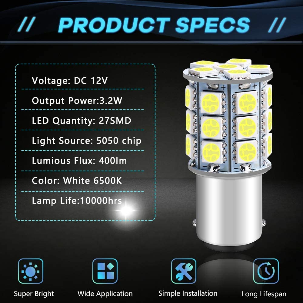 Confezione da 12 BA15D 1142 Luce LED bianca brillante 12V-DC, AMAZENAR 5050 27 SMD Sostituzione auto per interni RV Camper Illuminazione Luci indicatori di direzione per barche marine Lampadine posteriori