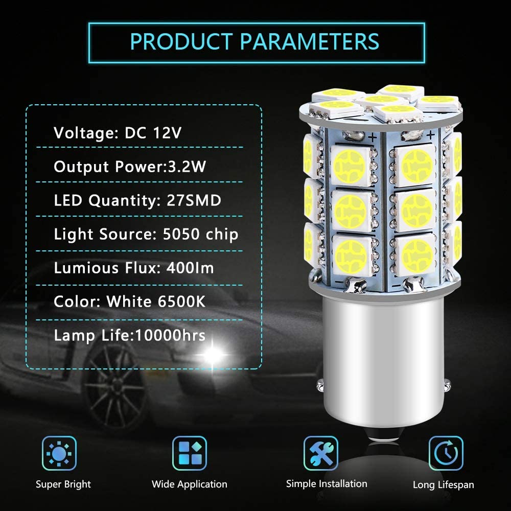 Confezione da 12 1156 BA15S 7506 1141 1003 1073 Luce LED bianca 12V-DC, 5050 27 SMD Ricambio per auto per interni RV Camper Illuminazione Luci indicatori di direzione Lampadine posteriori