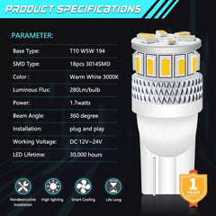 Paquete de 4 T10 194168 2825 Extremadamente brillante 300Lums Blanco cálido 3000K Luz LED sin polaridad de quinta generación 12V-24V - 18SMD 3014 Reemplazo de automóvil para mapa Domo Placa de matrícula Tablero de instrumentos Luz de marcador lateral