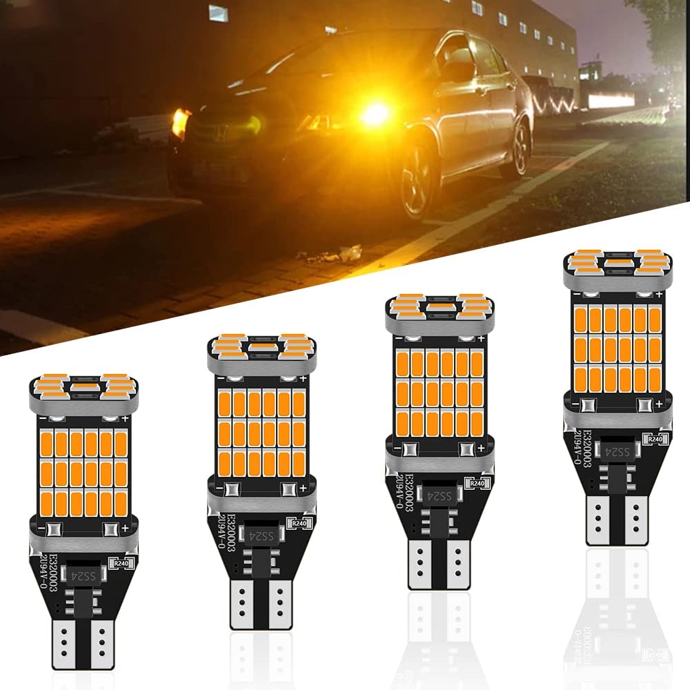 Alopee 921 LED Bulb Turn Signal Lights, Amber Yellow 912 921 Bulb Non Polarity Canbus Error Free for Car T15/902/904/906/579/W16W LED Blinker Marker Lights, 45SMD 4014 Chips , 12~18V DC, Pack of 4