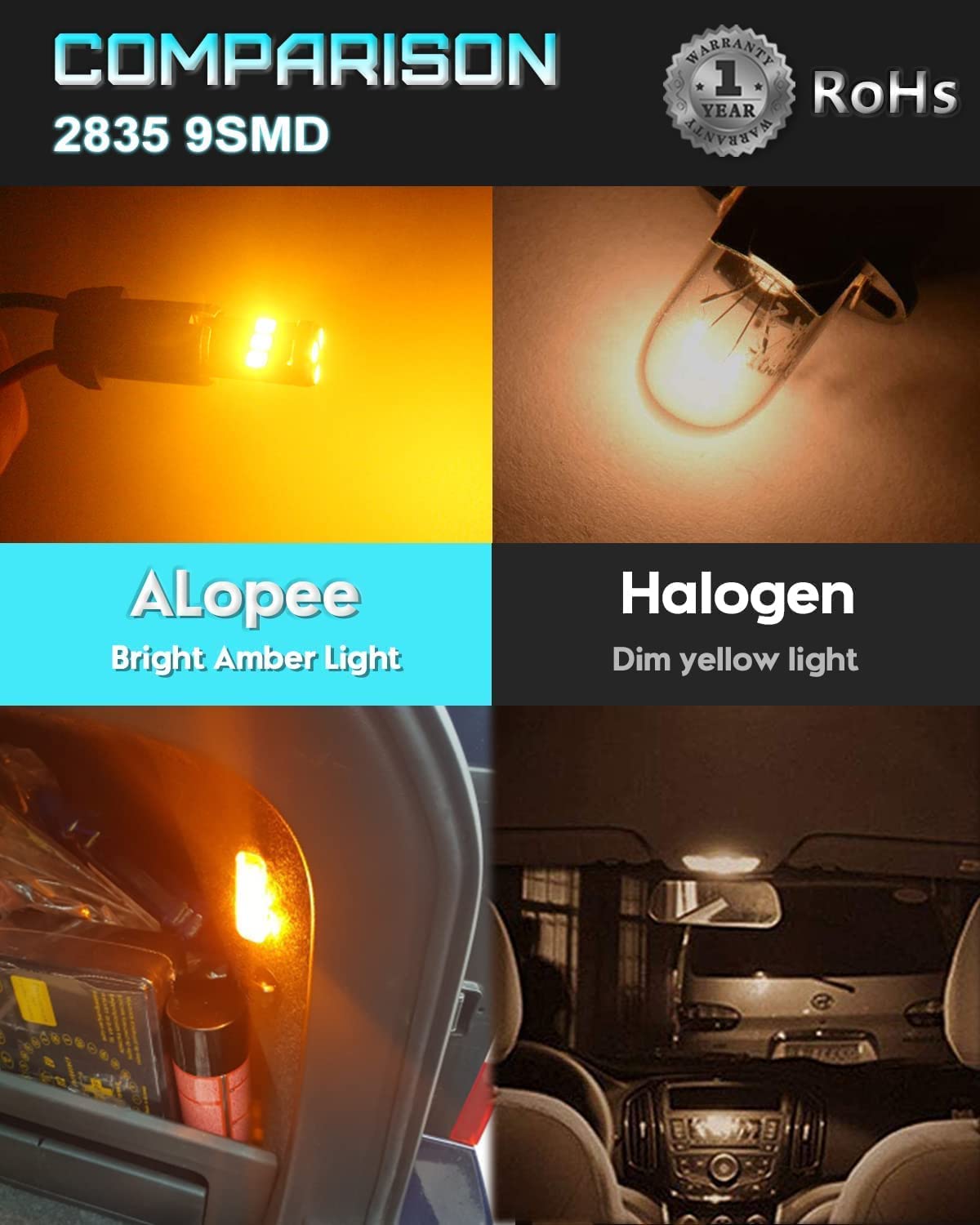 ALOPEE 4PCS 194 LED Bulb Amber, T10 LED Bulb 9SMD 2835 Chips, 168 LED Bulb, 921 2825 LED Bulb W5W 158 501 LED Error Free Light for Car Dome Map Door Instrument License Plate Light Marker Light DC 12V