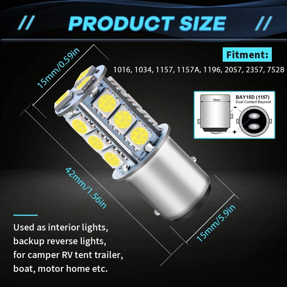 Paquete de 12 12 V Blanco 1157 2057 2357 7528 BAY15D 5050 18SMD Bombillas LED de repuesto para luces de marcha atrás o luces de freno traseras Luz interior para caravana RV