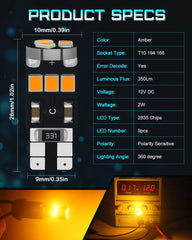 ALOPEE 4PCS 194 LED Bulb Amber, T10 LED Bulb 9SMD 2835 Chips, 168 LED Bulb, 921 2825 LED Bulb W5W 158 501 LED Error Free Light for Car Dome Map Door Instrument License Plate Light Marker Light DC 12V