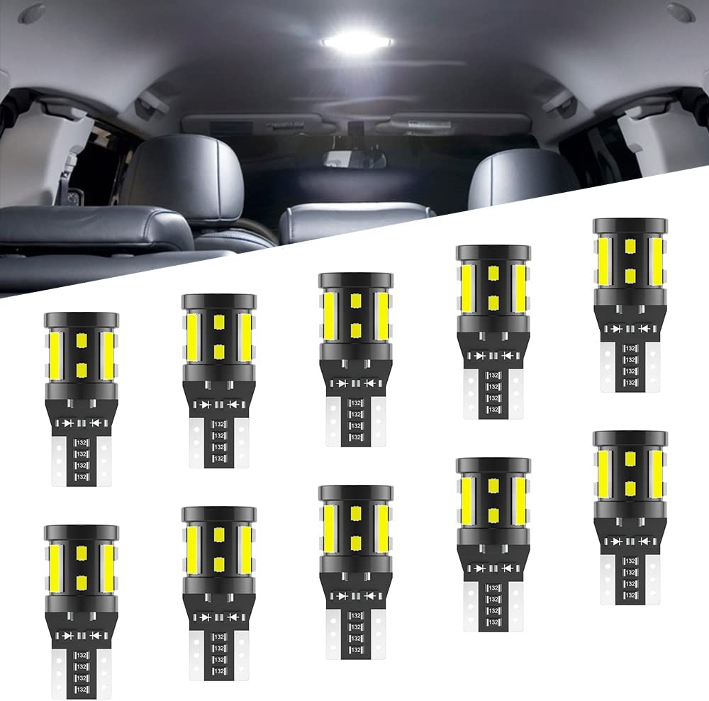 Alopee 194 LED Bulb, 6500K Bright White T10 LED Bulb, Non Polarity Error Free 168 LED Bulb for 2825 W5W 158 501 Led Automotive License Plate Light Interior Lights Dash Lights 16SMD 12V DC Pack of 10