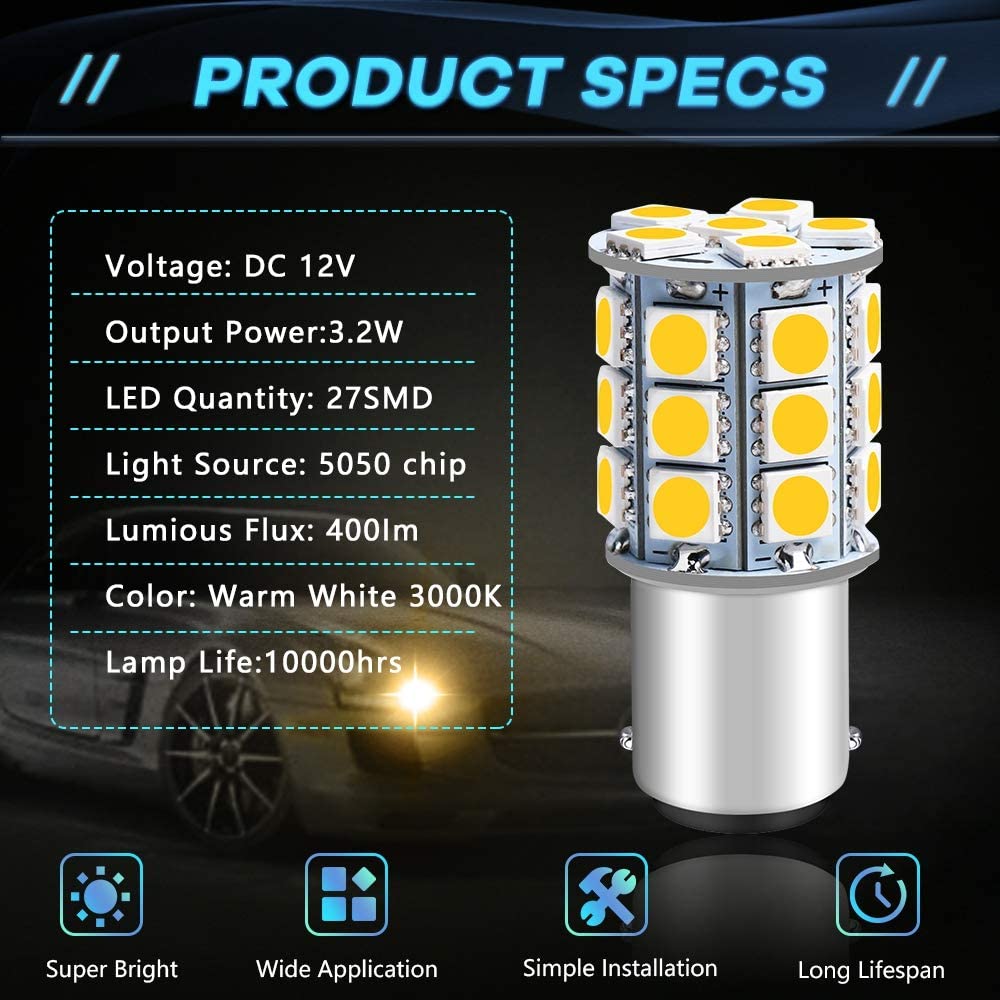 Confezione da 12 BA15D 1142 Luce LED morbida bianca calda 3000k 12V-DC, 5050 27 SMD Ricambio per auto per illuminazione interna camper Lampade indicatori di direzione per camper Lampadine posteriori di backup