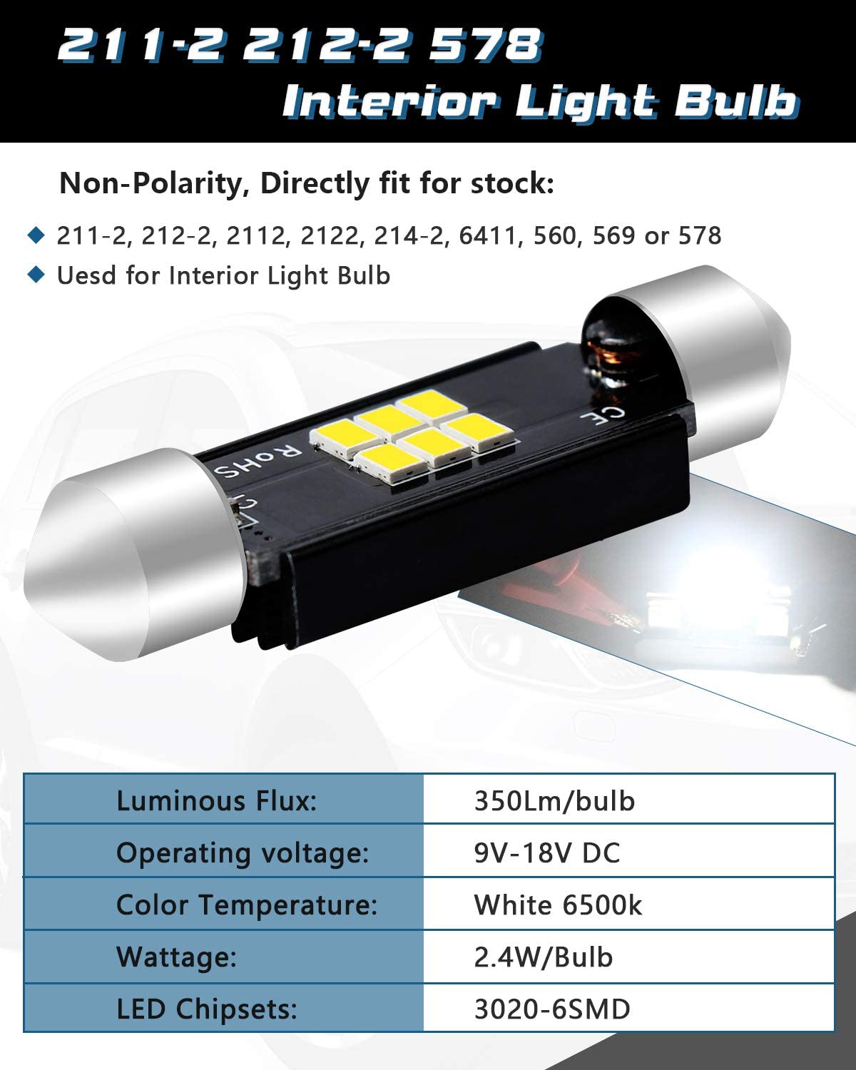 4-Pack 1.72” 41MM 211-2 569 578 Extremely White 350Lumens 3020 Chipset 6SMD Non-Polarity Canbus Error Free LED Festoon Bulbs for Interior Car Lights License Plate Dome Map Door Courtesy