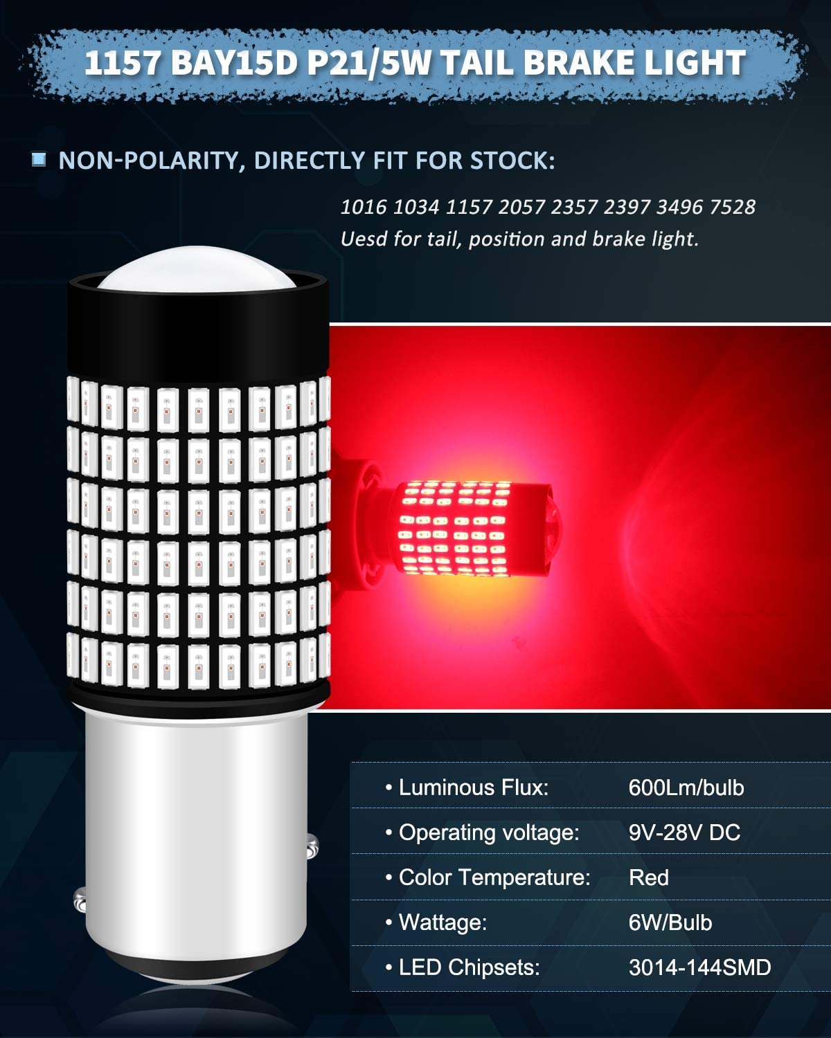 2-Pack 1157 BAY15D 9V-30V Red Extremely Bright 600 Lumens 3014 144 SMD LED with Projector - Replacement 1016 1034 7528 2057 2357 for Tail Brake Light LED Bulb