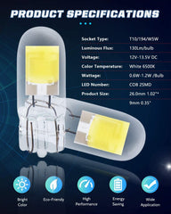 10er-Pack T10 Ultra Bright White COB Lichtquelle LED-Lampen Ersatz für 194 W5W 168 2825 501 Halogenbirne Innenbeleuchtung Nummernschild Glühbirne